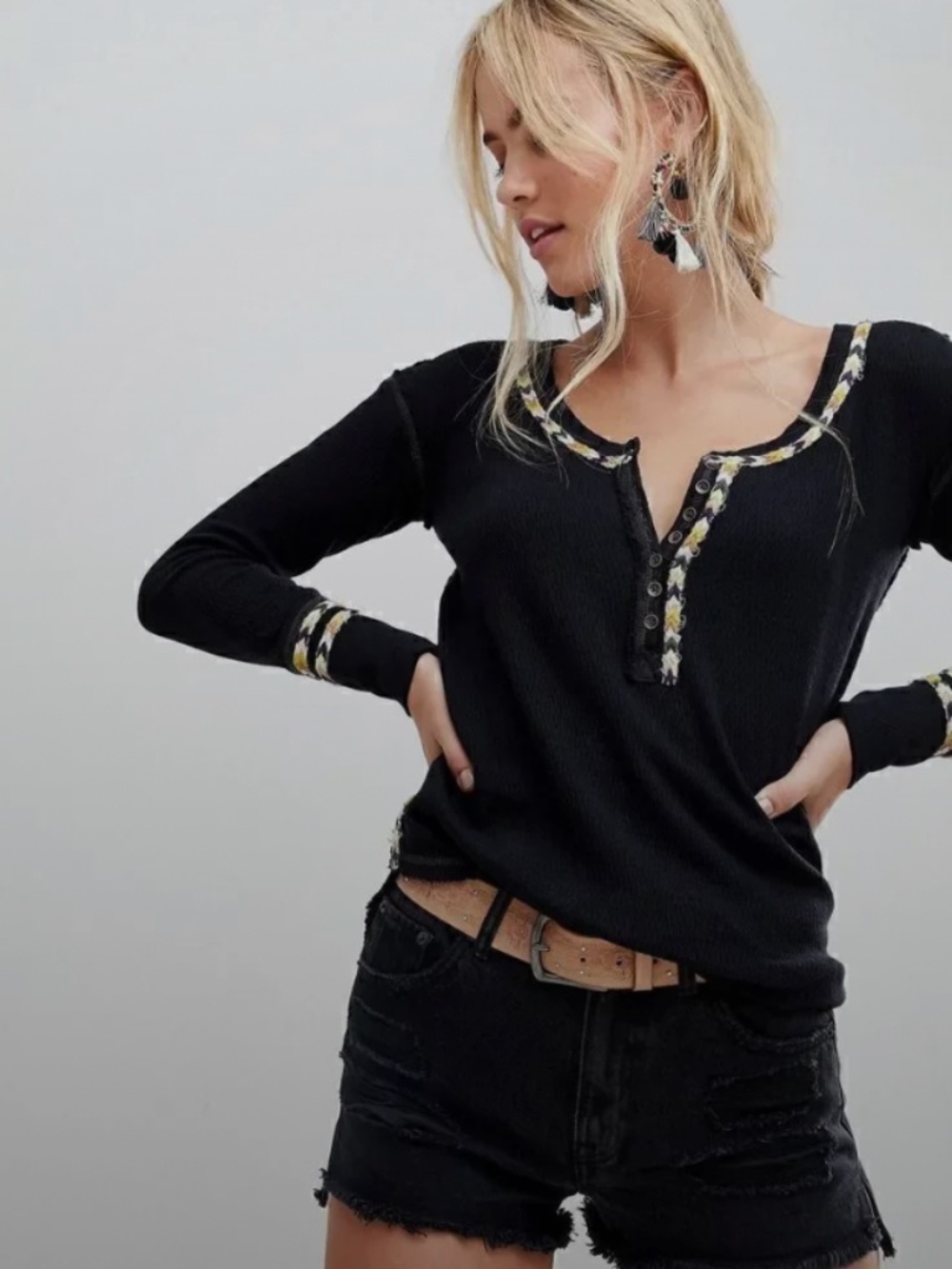 FREE PEOPLE We the Free Rainbow Thermal Top in Black Size Small